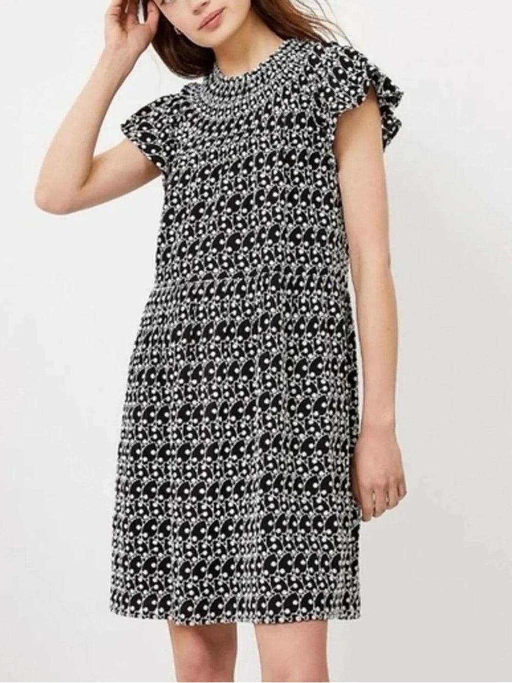 LOFT Black & White Patterned Embroidered Ruffle sleeves Midi Shift Dress Woman S